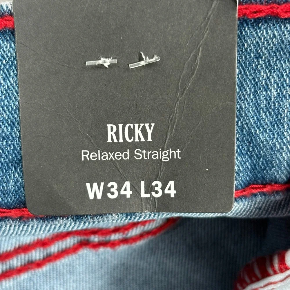True Religion Ricky Red Big T Jeans Mens 34x34 Blue Neptune Wash Straight NWT